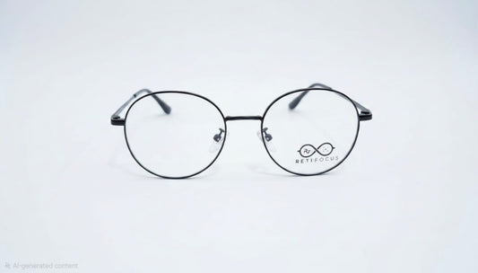 RetiFocus round metal optical eyeglass frame with slim wire design in matte black, unisex style.