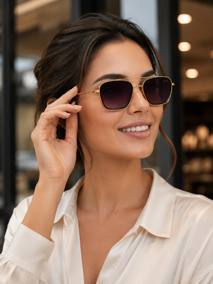 RETIFOCUS Rectangle Navigator Metal Sunglasses for Men & Women – Gunmetal Frame with Purple Gradient Lenses