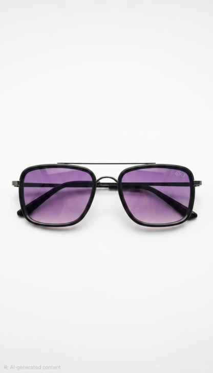 RETIFOCUS Rectangle Navigator Metal Sunglasses for Men & Women – Gunmetal Frame with Purple Gradient Lenses