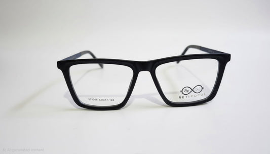 RetiFocus unisex rectangle optical eyeglass frames with bold plastic and mixed material design, shown in a close-up image.