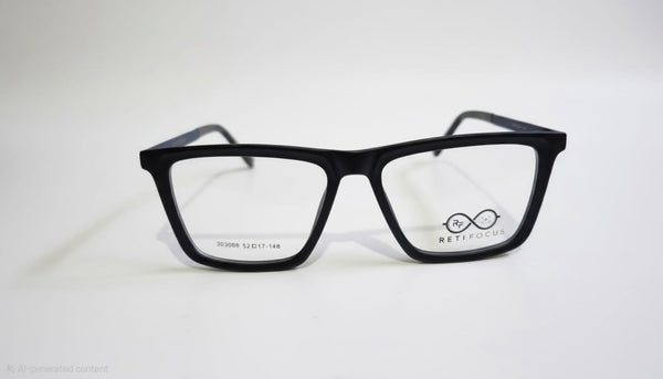RetiFocus unisex rectangle optical eyeglass frames with bold plastic and mixed material design, shown in a close-up image.